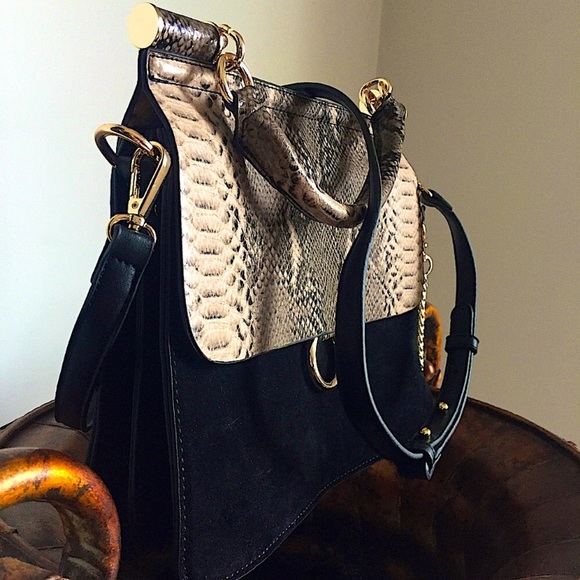 INZI Snake Skin Design Leather Gold Chain Velvet Handbag Clutch Tote Shoulder - Picture 2 of 14